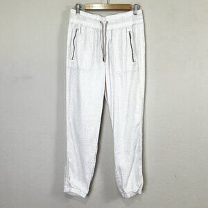 Athleta Cabo Linen Jogger Pants‎ Beige Leopard Print Drawstring Beach Size 8